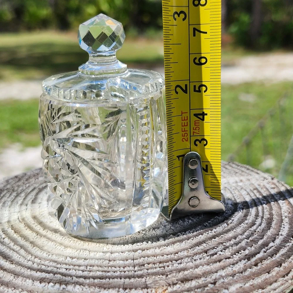 Antique ABP Cut Glass Condiment Salts Cellar Mustard Pot Jar Lid Starburst
